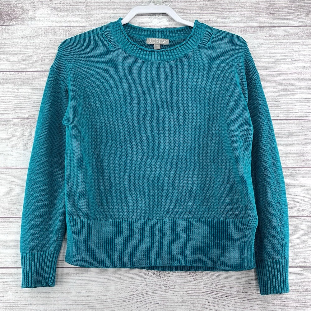 J Crew Crewneck Pullover Crochet Linen Cotton Blend Sweater Teal Green Size XXS